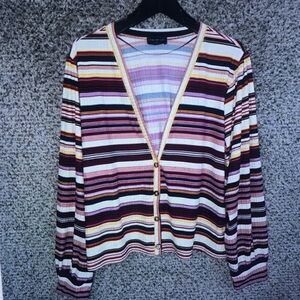 Striped V-Neck Button Cardigan in Pink, Burgundy & Cream